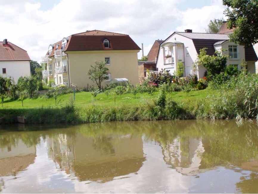 Blick auf Fluss mit grünem gegenüberliegendem Ufer und Häusern dahinter
