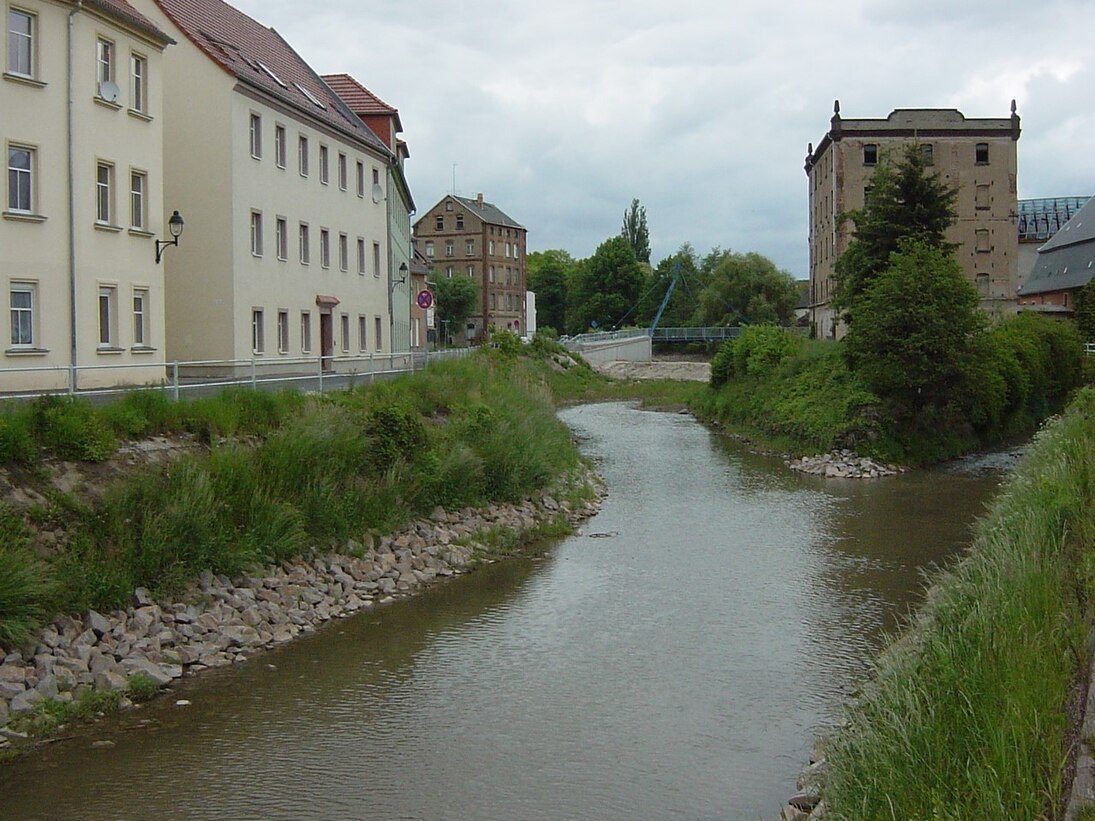 Blick auf einen sich gabelnden Fluss mit Mehrfamilienhäusern am linken Ufer