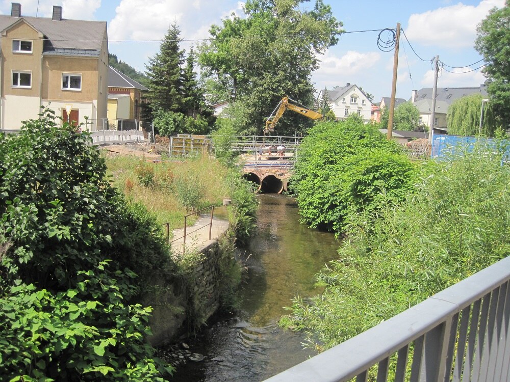 Blick von einer Brücke auf einen Fluss, der rechts und links am Ufer sehr stark bewachsen ist