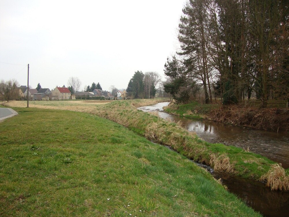 Wiese, im Hintergrund Häuser, rechts fließt vor einem Waldstück ein Fluss