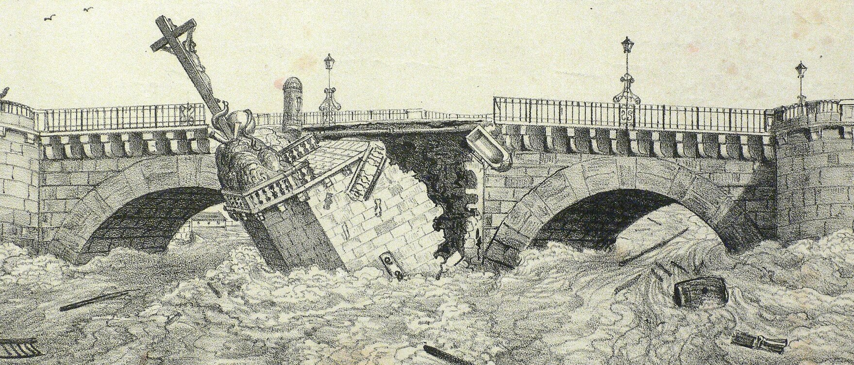 Kupferstich Hochwasser 1845 in Dresden, Bruch der Augustusbrücke 