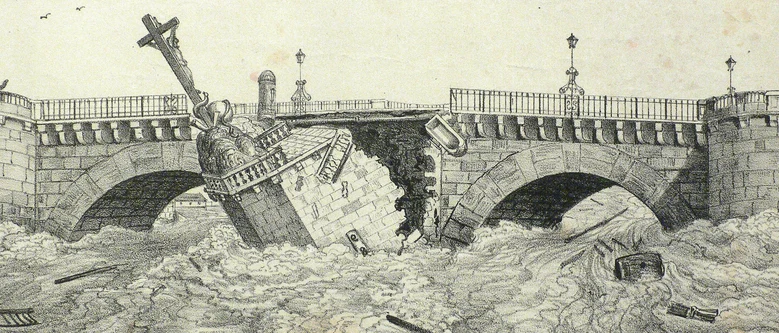 Kupferstich Hochwasser 1845 in Dresden, Bruch der Augustusbrücke 