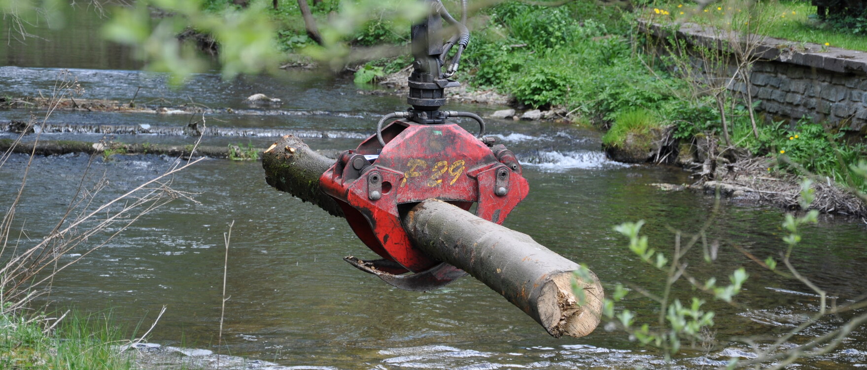 Ein Baumstamm wird mit einem Kran aus dem Fluss geholt