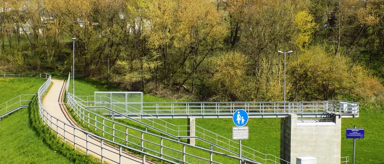 Ein heller Weg mit hellgrauen Geländern führt über den begrünten Damm des Hochwasserrückhaltebeckens. Außerdem ragt ein Steg in das leere, grüne Becken. Dahinter ist Wald zu sehen.