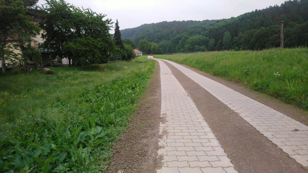 befestigter Weg, rechts und links Wiese