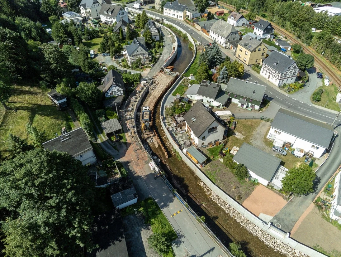 Luftbild von einem sich durch einen bebauten Ort schlängelnden Fluss