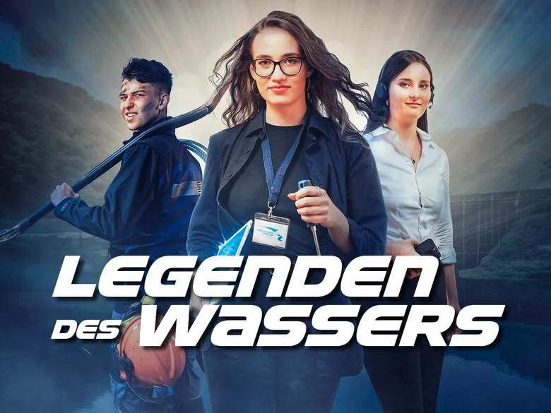 Bild von drei Auszubildenden der Bereiche Wasserbau, Fachinformatik und Büromanagement im Stil eines Kinoplakates