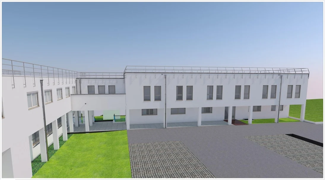 Fotorealistische 3D-Ansicht eines zweistöckigen Gebäudes mit Flachdach, mehreren Fenstern und einem gepflasterten Vorplatz neben einer Rasenfläche