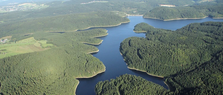 Luftbild einer verzweigten Wasserfläche, umgeben von grünen Wäldern
