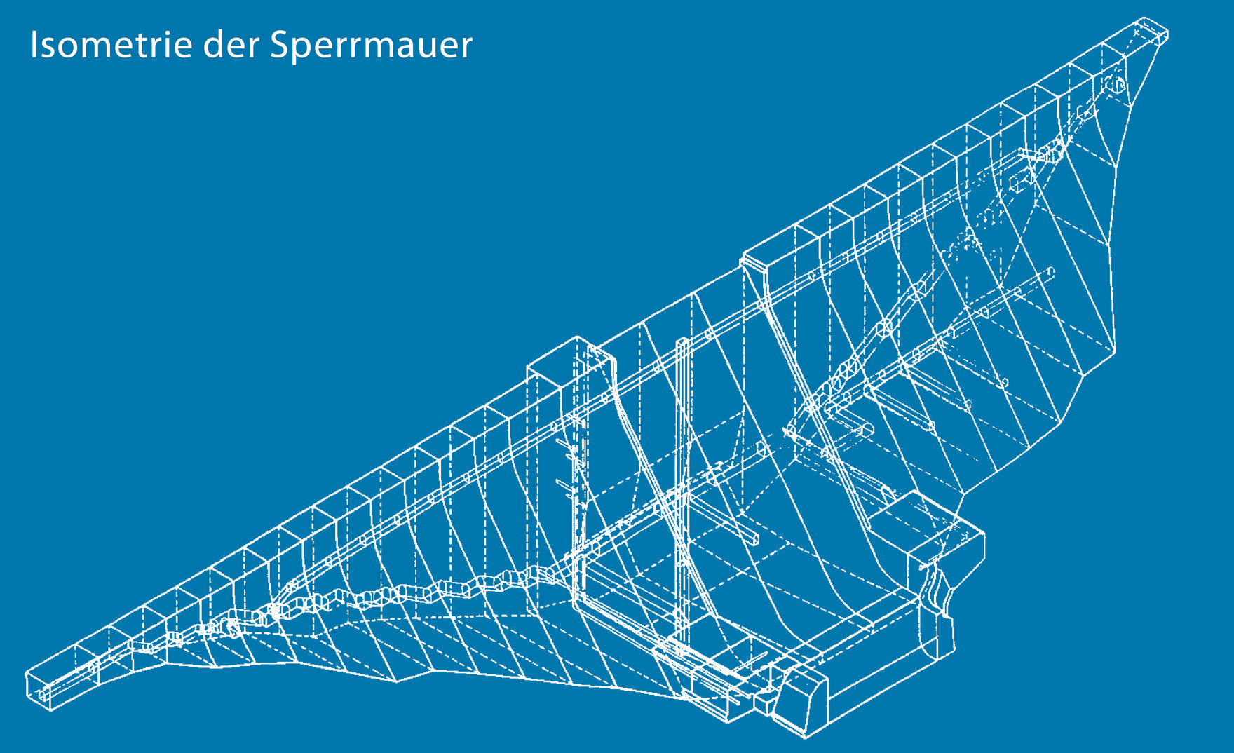 grafische Darstellung der Staumauer - weiße Linien auf blauem Grund