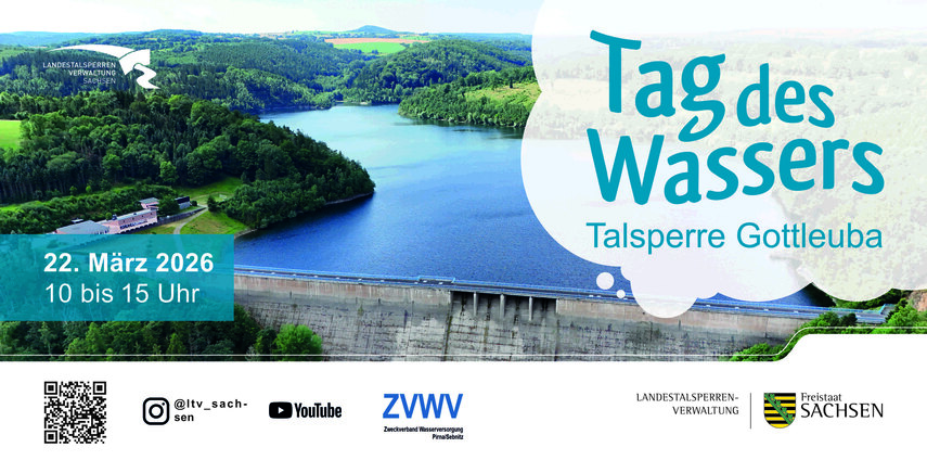 Veranstaltungsankündigung für den Tag des Wassers an der Talsperre Gottleuba am 22.03.2026, 10 bis 15 Uhr, im Hintergrund ein Luftbild der Talsperre