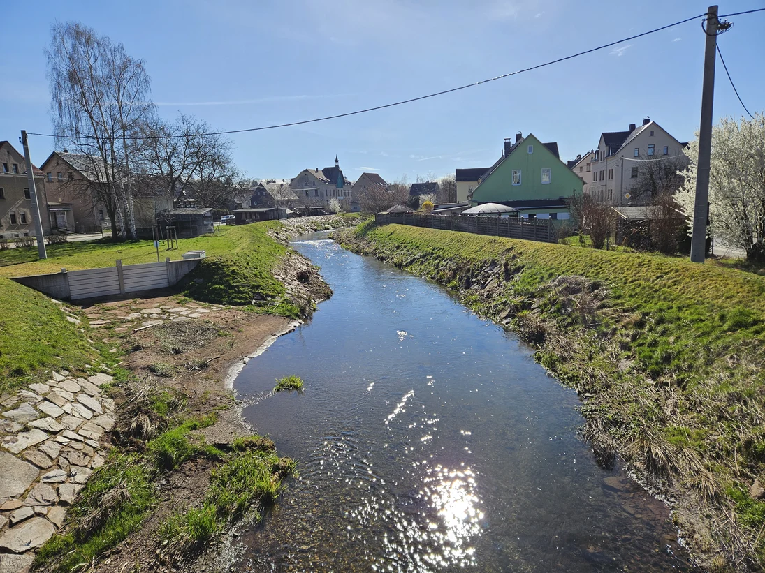 Fluss mit begrüntem Ufer und Häusern dahinter