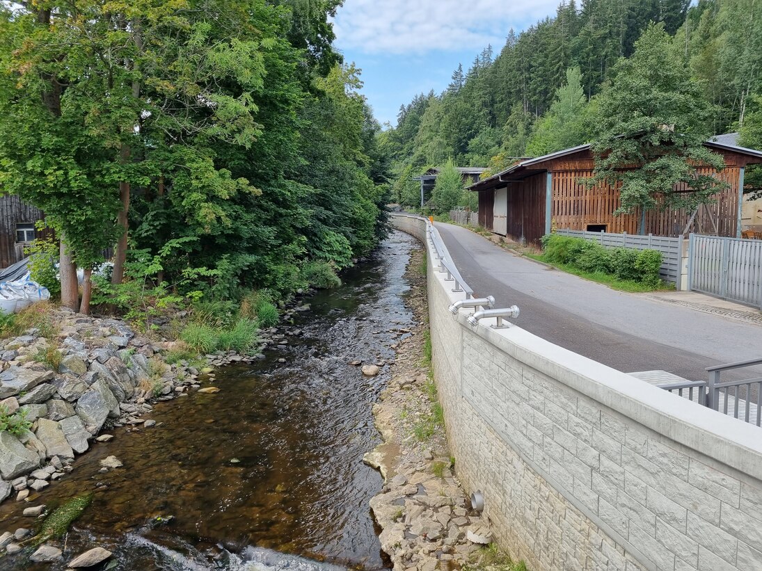 Fluss mit Hochwasserschutzwand rechts und Bäumen links, daneben eine Straße und Wald im Hintergrund