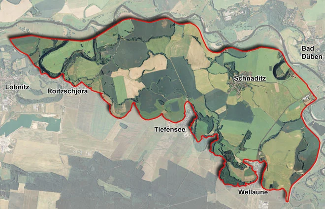 Luftbild mit eingezeichneten künftigen Polderflächen