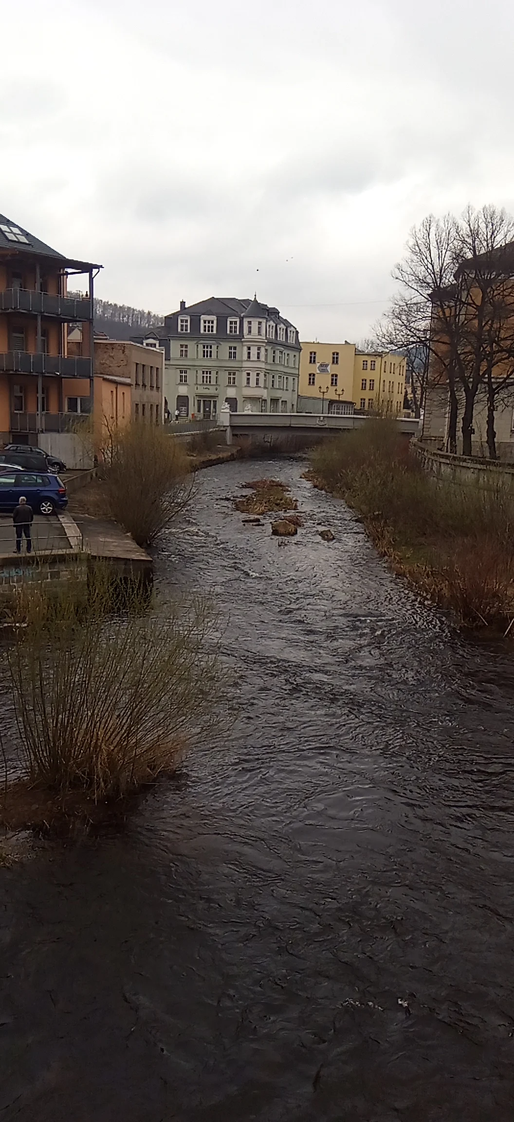 Blick auf Fluss mit angrenzender Wohnbebauung