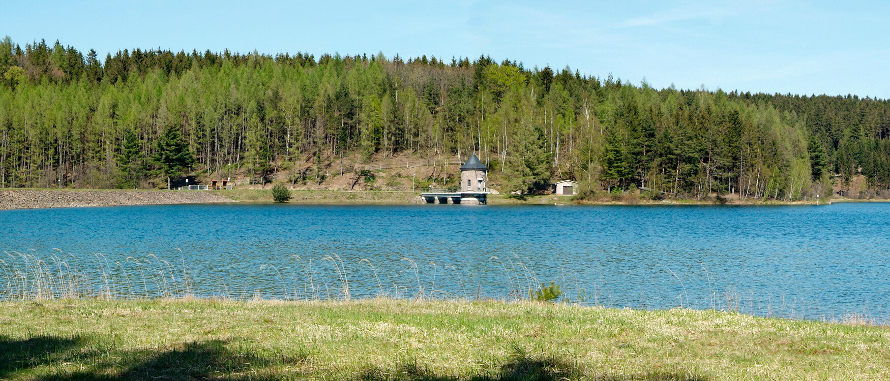 Blick vom Ufer über einen blauen See an den am anderen Ufer ein Wald grenzt